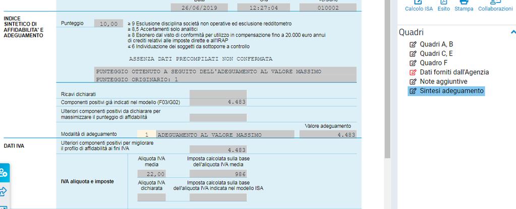 L utente sulla base del punteggio ottenuto dovrà scegliere tra: adeguarsi al valore massimo, codice 1, adeguarsi manualmente, codice 2, non adeguarsi, codice