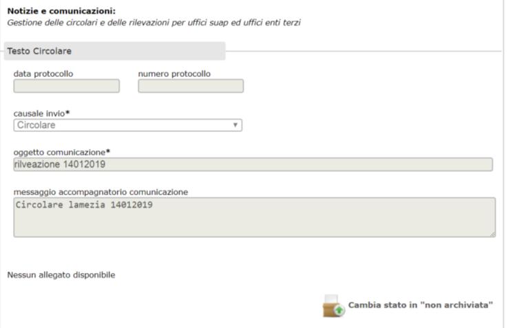 A seguito della lettura della circolare/rilevazione, sarà possibile procedere con l archiviazione della nota cliccando sul tasto cambia stato in archiviata, presente sulla destra.