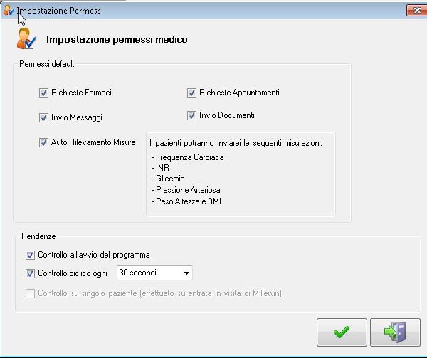 Impostazioni permessi medico Verrà richiesto di impostare i permessi del medico, ovvero, cosa sarà possibile richiedere dal MilleBook del paziente.