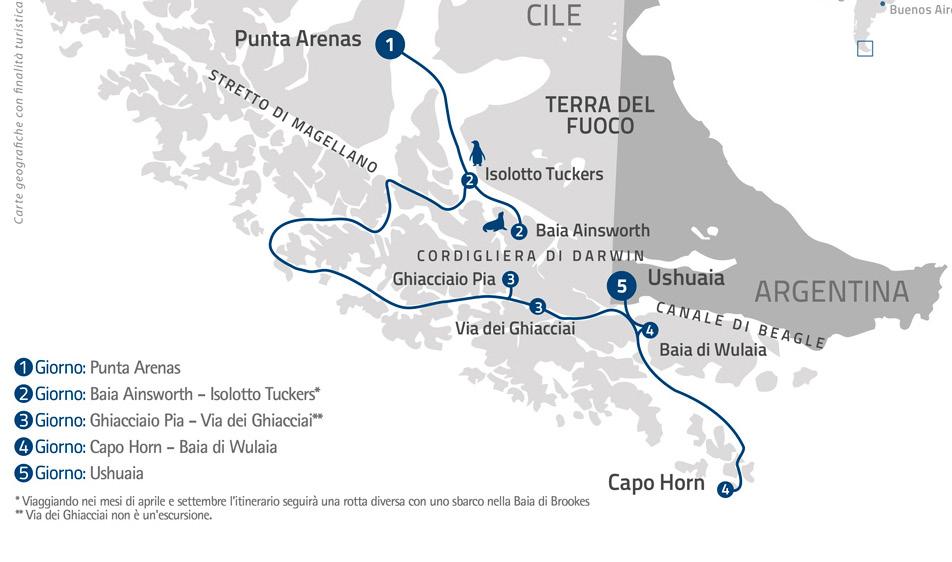 GLI ITINERARI LE TARIFFE Australis programma spedizioni di 4 notti da Ushuaia a Punta Arenas, e viceversa, da settembre ad aprile, stagione estiva nell emisfero australe.