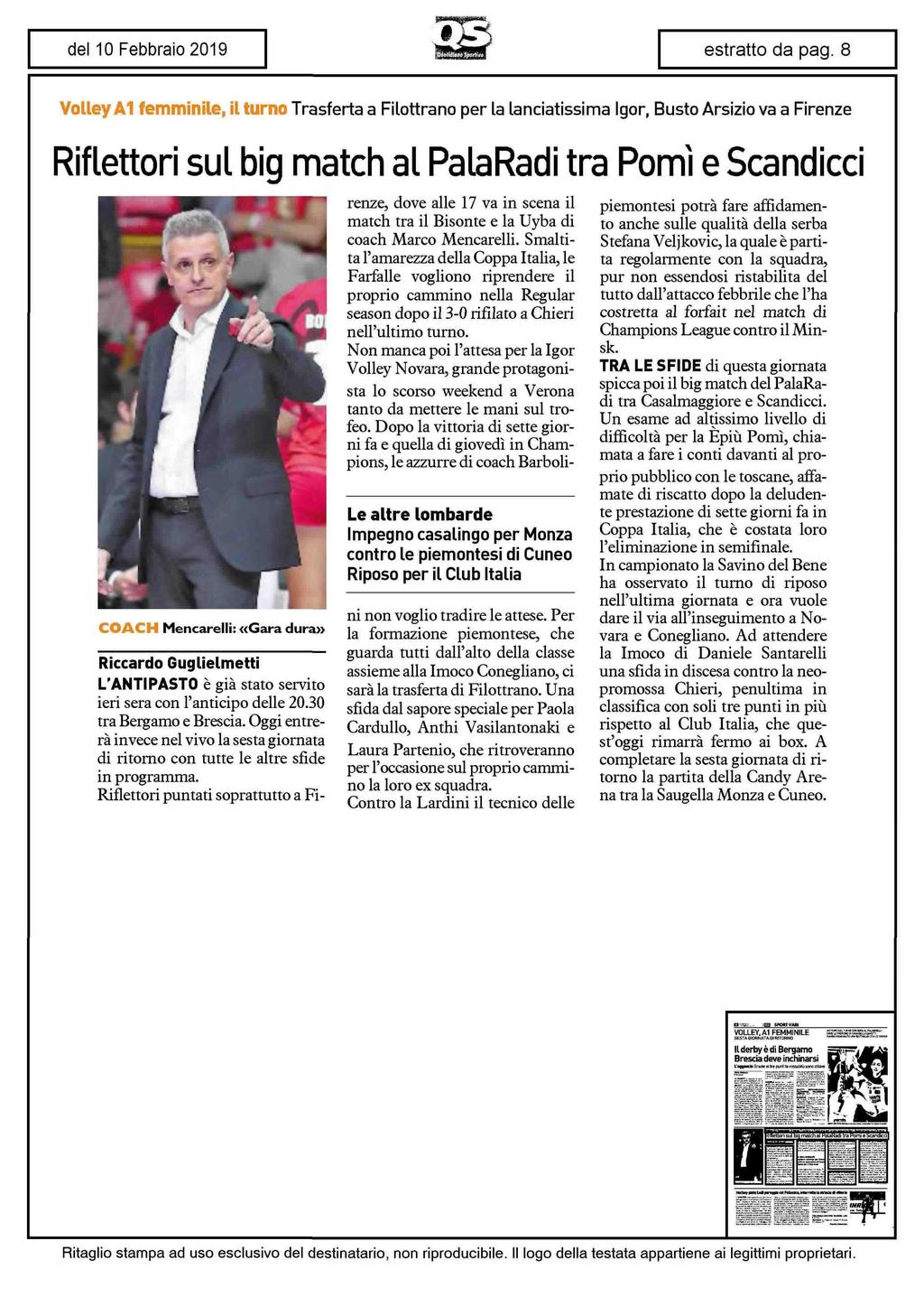 Volley A1 femminile, il turno Trasferta a Filottrano per la lanciatissima Igor, Busto Arsizio va a Firenze Riflettori sul big match al PalaRadi tra Pomi e Scandicci COACH Mencarelli: «Gara dura»