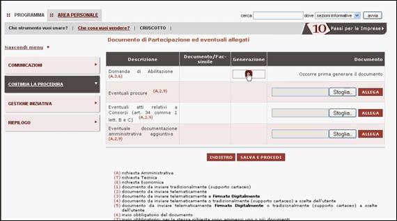 La richiesta di abilitazione 12/13 Con il 5 passo, Documento di Partecipazione ed eventuali allegati, tutte le informazioni fin qui inserite vengono trasformate in un documento pdf.