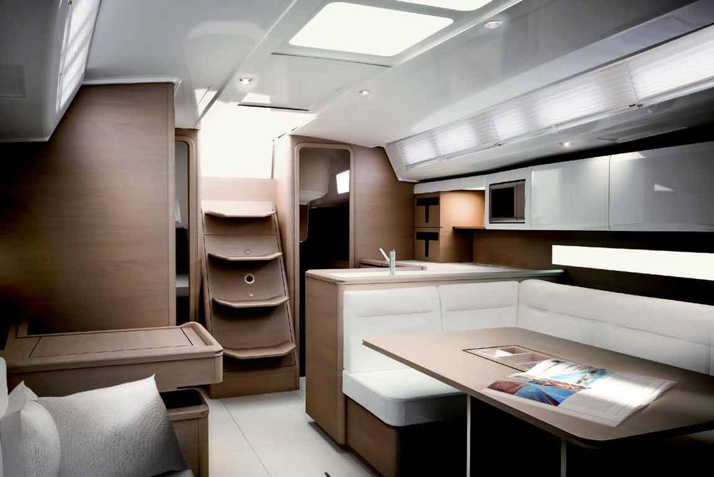 The interior layout of the new GS 43 which is conceived to conciliate design and functionality is organized in 3 cabins and 2 heads, a large and ergonomic L-shape galley, a dining area which can