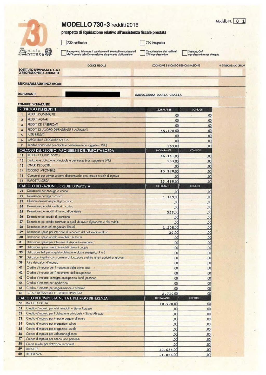 MOELLO 730-3 redditi 206 prospetto di liquidazione relativo allassistenza fiscale prestata Modello N.