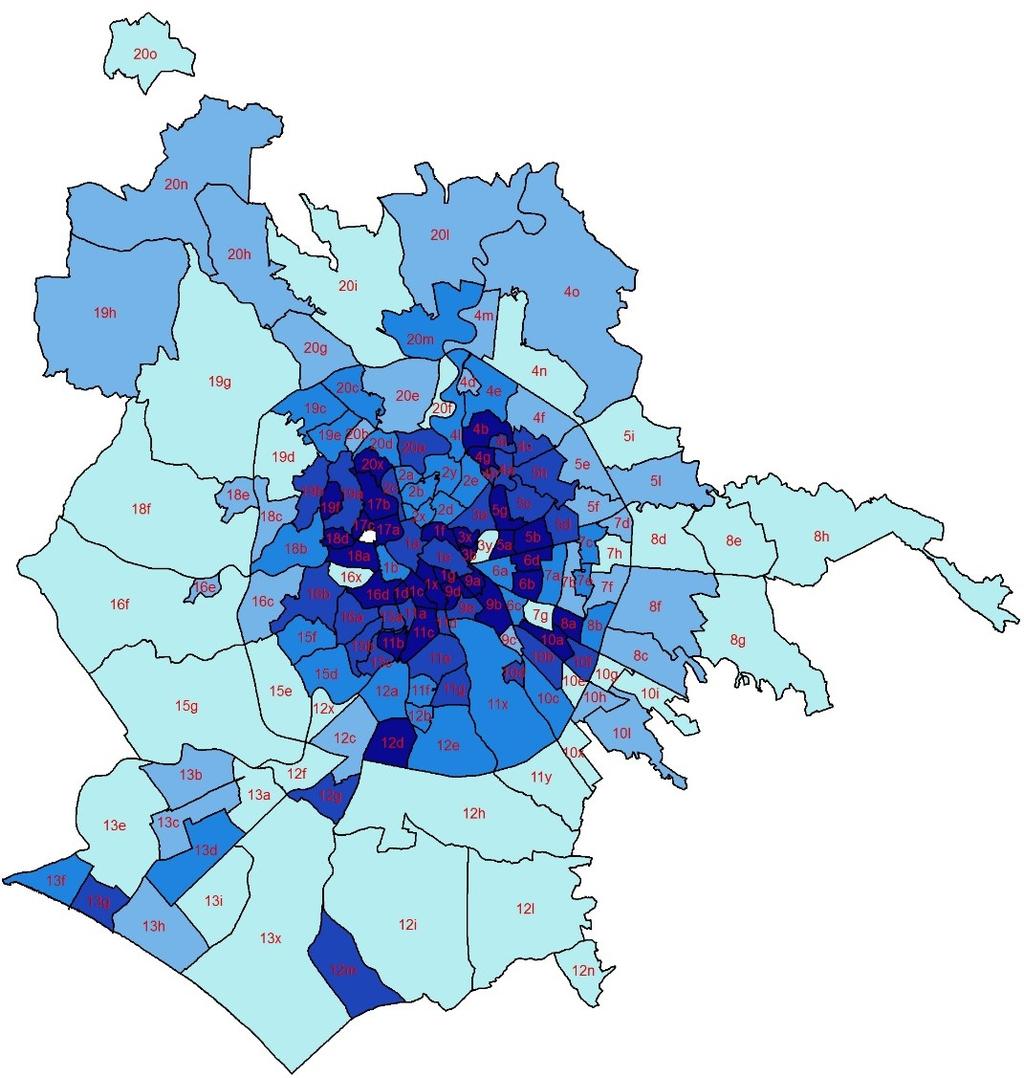 Fig. 2 - Indice di vecchiaia per zona urbanistica e per municipio di Roma al 31.12.