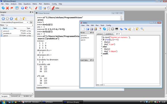 L ambiente QTOctave () (II parte) Lab. Programmazione - 2 Scrivere ed eseguire un programma Nella finestra Editor è possibile scrivere una sequenza di istruzioni (un programma!