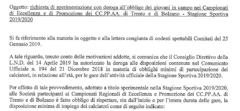 Sperimentazione con deroga all obbligo dei giovani in campo Eccellenza Promozione Experiment Ausnahmeregelung Jugendspielerpflicht Oberliga Landesliga Su richiesta dei Comitati Provinciali Autonomi