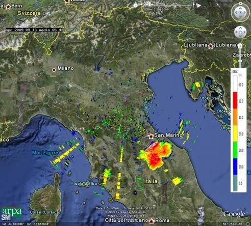 Mappe di riflettività del 13/09/2009 alle 05:42 UTC (in alto a sinistra),