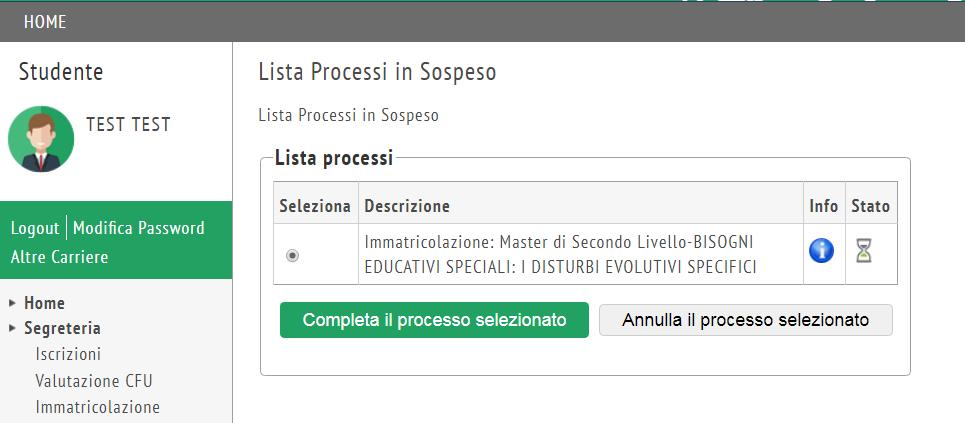 Se invece, si è per qualche motivo interrotto il processo di immatricolazione per più di 15 minuti, il sistema richiederà di autenticarsi di nuovo.