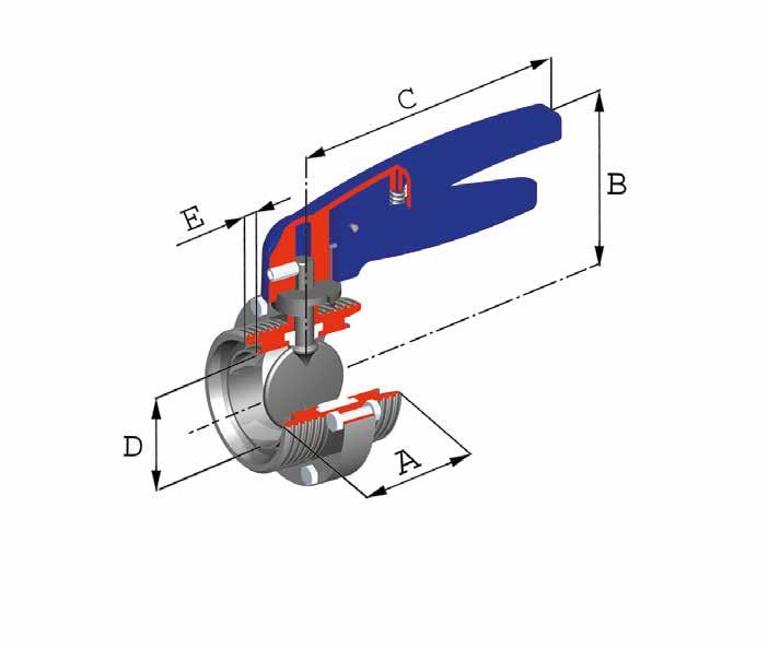 Art. VVF 4 Valvola a farfalla con attacchi DIN F/F DIN butterfly valve, screwed / screwed Dimensioni DIN DN Dimensions DIN DN A B C D E 5 3 4 9 94 4 90 96 1 1 1 1 1 1 1 1 5 31 3 49 66 1 9 Materiali: