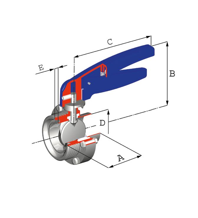 VVF 411 Valvola a farfalla con attacchi DIN M/F DIN butterfly valve, nut / screwed Dimensioni DIN DN Dimensions DIN DN A B C D E 5 3 3 6 3 91 3 11 4 90 96 1 1 1 1 1 1 1 1 5 31 3 49 66 1 9 Materiali: 