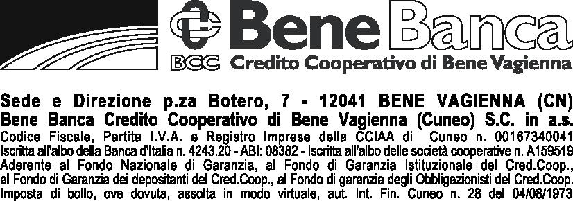 FOGLIO INFORMATIVO relativo a: APERTURA DI CREDITO IN CONTO CORRENTE AL CONSUMATORE INFORMAZIONI SULLA BANCA BENE BANCA CREDITO COOPERATIVO DI BENE VAGIENNA (CUNEO) S.C. in a.s.