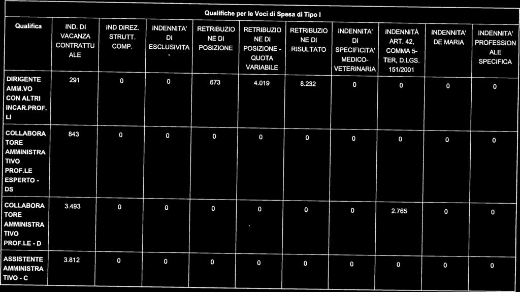 Qualifica IND. DI IND DIREZ. INDENNITA RETRIBUZIO RETRIBUZIO RETRIBUZIO INDENNITA INDENNITÀ INDENNITA INDENNITA VARIABILE VETERINARIA 151/2001 Qualifiche per le Voci di Spesa di Tipo I VACANZA STRUH.