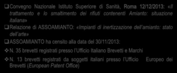 I brevetti in materia di inertizzazione dell amianto Convegno Nazionale Istituto Superiore di Sanità, Roma 12/12/2013: «Il trattamento e lo smaltimento dei rifiuti contenenti Amianto: situazione