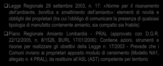 Regione Lombardia: principale normativa amianto Legge Regionale 29 settembre 2003, n.