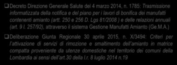 Regione Lombardia: principale normativa amianto Decreto Direzione Generale Salute del 4 marzo 2014, n.