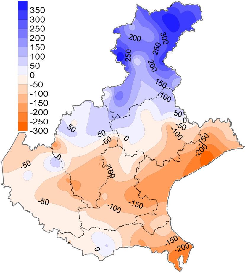 Precipitazioni anno 2012 Differenza in rispetto alla media del periodo 1992-2011 Precipitazioni sopra la media sulla montagna veneta centro orientale ed in particolare sull area Dolomitica nord