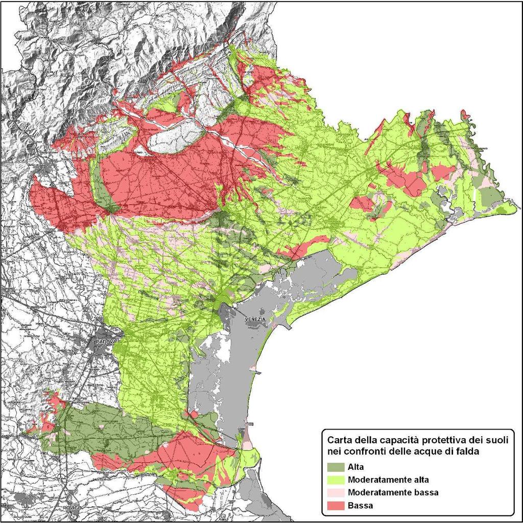 Figura 2: Carta della capacità protettiva dei suoli di pianura nei confronti delle acque di falda, in scala 1:50.000. Fonte: Elaborazione dati ARPAV e CNR-IRPI. 2011.