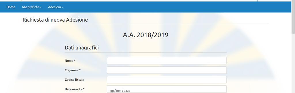 Adesioni Richiesta di Nuova Adesione (1) Percorso: Adesioni > Richieste di Adesione > Nuova Richiesta Inserire i dati i campi con