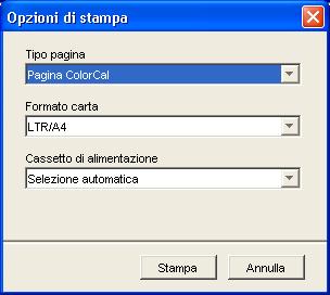 CALIBRAZIONE 42 5 Scegliere il tipo di pagina. Pagina ColorCal stampa uno dei 256 modelli ColorCal scelto a caso. Motivo singolo stampa uno specifico modello.
