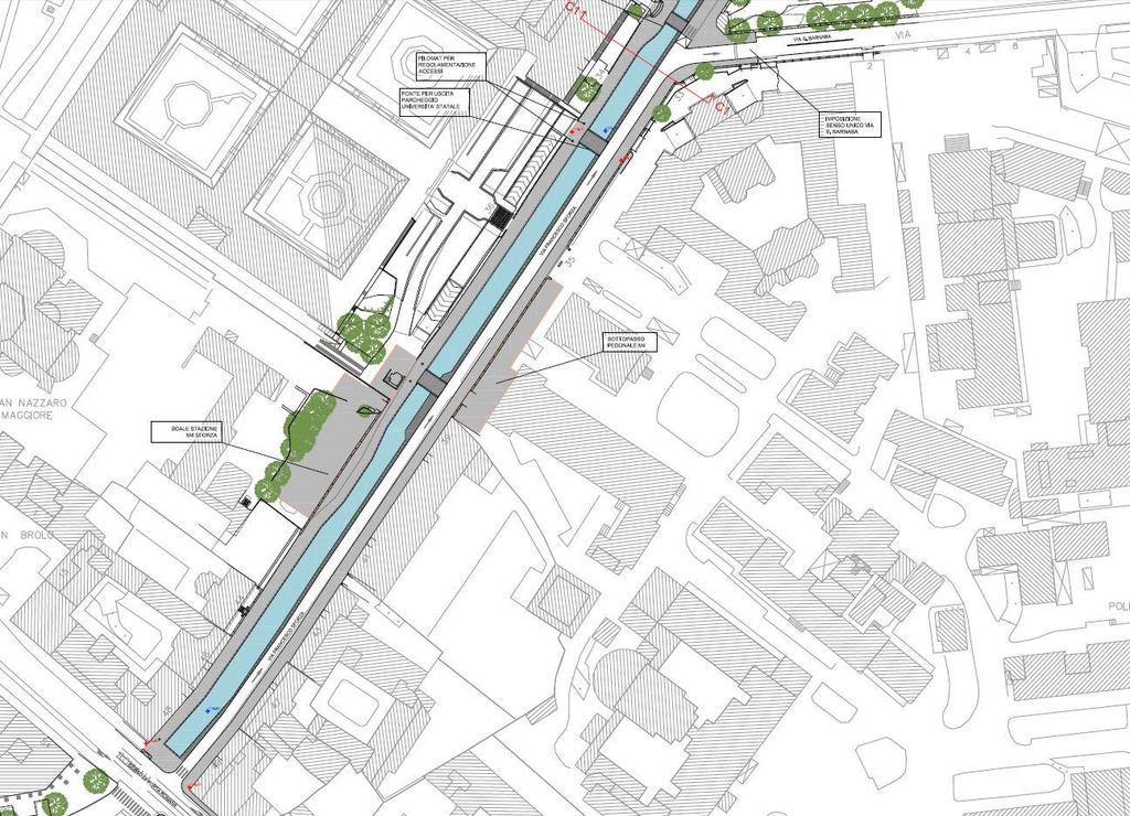 SEZIONI ARCHITETTONICHE E VIABILITÀ PLANIMETRIA DI PROGETTO PILOMAT PER REGOLAMENTAZIONE ACCESSI PONTE PER USCITA PARCHEGGIO UNIVERSITA STATALE IMPOSIZIONE SENSO UNICO VIA S.