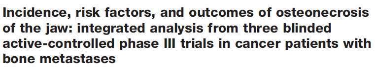 Frequenza di ONJ dopo zoledronato o denosumab 5723 pts Event as potential ONJ 276 (4.8%) Adjudicated ONJ cases 89 (1.