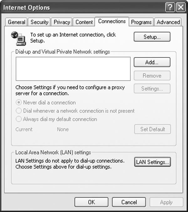 3. Disabilitare i proxy. a. Aprire un browser web standard (Internet Explorer, Mozilla Firefox o simili). b. Portarsi in Strumenti>Opzioni Internet>Connessioni>Impostazioni LAN.