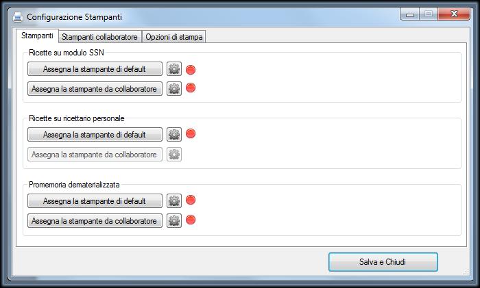 La videata di Configurazione Stampanti è suddivisa in 3 folder: Stampanti, Stampanti collaboratore e Opzioni di stampa.