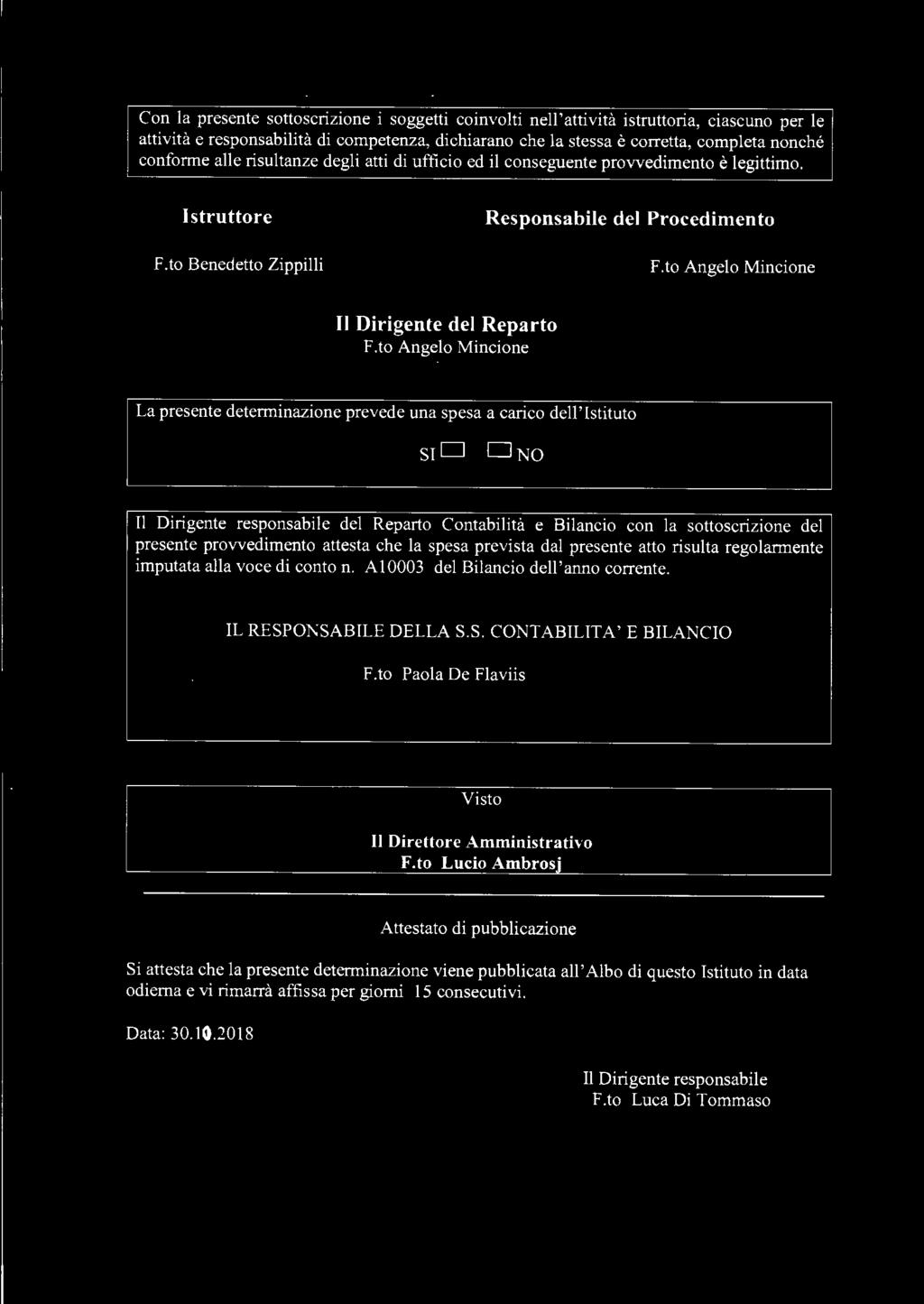 to Angelo Mincione La presente determinazione prevede una spesa a carico dell'istituto sid DNo TI Dirigente responsabile del Reparto Contabilità e Bilancio con la sottoscrizione del presente