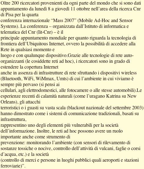 Rassegna Stampa "Mass 2007-8/11 ottobre 2007" Istituto di