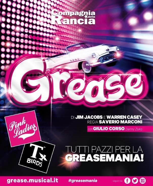 Dall 8 NOVEMBRE al 2 DICEMBRE 2018 Compagnia della Rancia GREASE Il Musical di Jim Jacobs e Warren Casey regia di Saverio Marconi con Giulio Corso Danny Zuko GREASE Il Musical è una festa travolgente