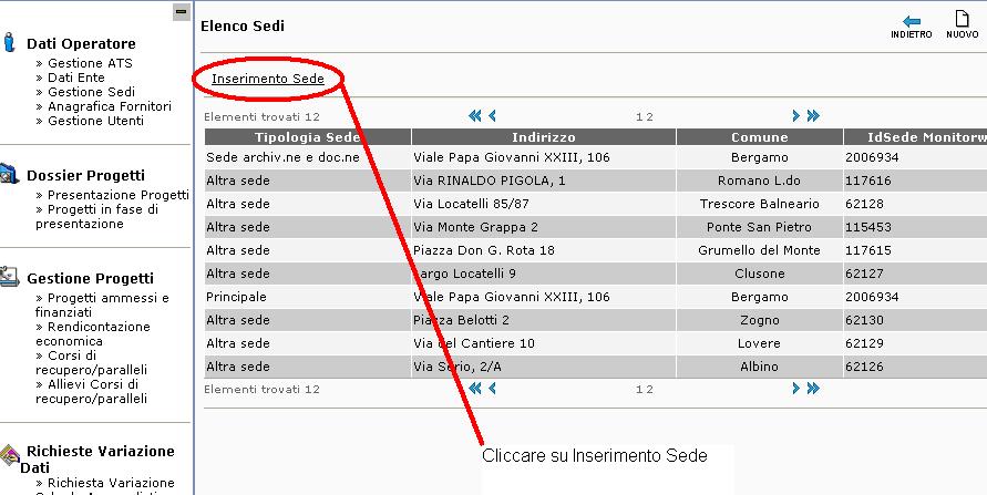 SEZIONE 3: INSERIMENTO NUOVE SEDI Una volta inseriti username e password cliccare sulla parola GBC (Figura 4) Tutti gli enti (anche i membri di ATS / reti) che partecipano al Bando devono caricare