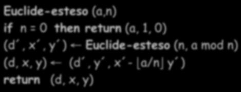 Algoritmo di Euclide: complessità Assumiamo a > n 0 Se a<n, Euclide (a,n) chiama Euclide (n,a) e procede Se a=n, Euclide (a,n) termina subito perché a mod n=0 Al massimo log n chiamate Analisi