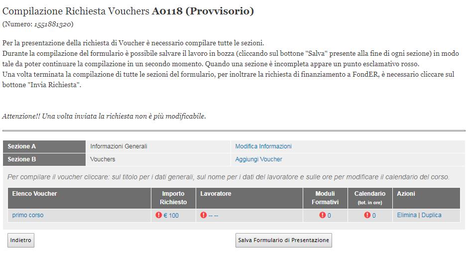 Una volta salvato il Voucher, sarà possibile inserire le informazioni sul lavoratore, i moduli formativi ed il calendario delle lezioni.