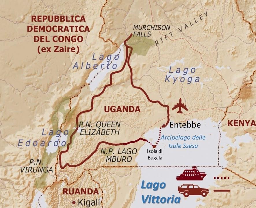 Pernottamenti previsti o similari: Entebbe: 2 Friends Hotel o Boma Hotel Riserva di Ziwa: Amuka Lodge Murchison Falls: Paraa Safari Lodge Hoima: Hoima Cultural Lodge Queen Elizabeth National Park: