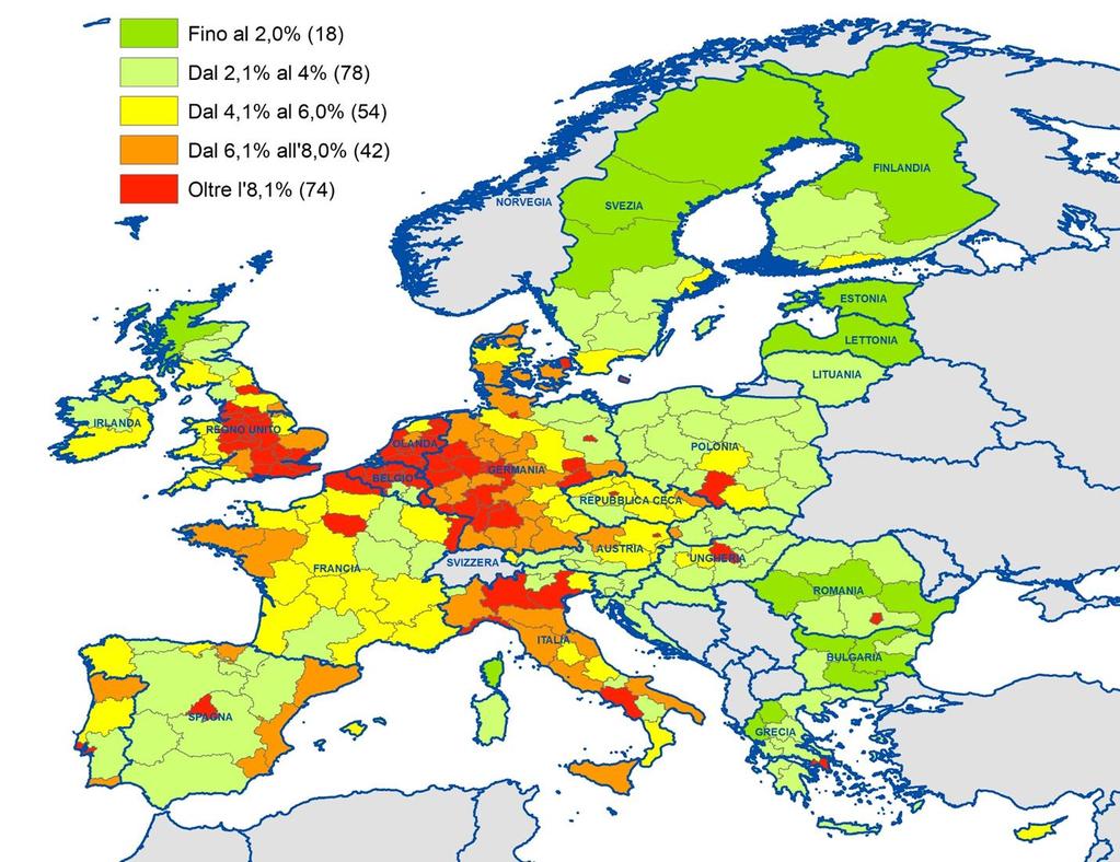 Figura 3 - Territorio con copertura artificiale nelle regioni europee (livello NUTS2) - Anno 2015