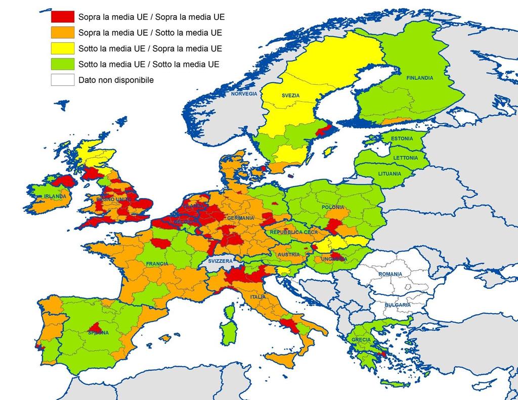 Figura 4 - Territorio con copertura artificiale nelle regioni europee (livello NUTS2) - Anni 2009 e 2015 (combinazioni di incidenza