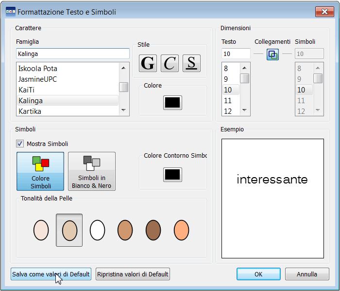 Impostazioni del testo Scegliamo il tipo di carattere, la sua dimensione e la dimensione dei simboli in funzione della dimensione di riquadro che vogliamo ottenere, secondo la tabella qui a lato.