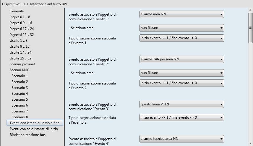 6 Menù Eventi con istanti di inizio e fine Nel menù Eventi con istanti di inizio e fine sono presenti i parametri che permettono di configurare diversi oggetti di comunicazione per la trasmissione