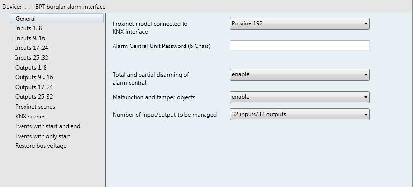 3 General Menu The parameters that enable you to set the behaviour of the interface at a general level and configure the main communication objects used to interface between the security alarm system