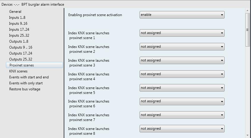 4 Proxinet scenarios Menu It is possible to use KNX scenarios to run security alarm scenarios defined in the Proxinet control units connected to the interface; from the bus it is possible to control