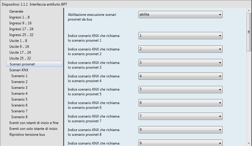 4 Menù Scenari proxinet E' possibile utilizzare degli scenari KNX per eseguire gli scenari di antintrusione definiti nelle centrali Proxinet collegate all'interfaccia; da bus, è possibile controllare