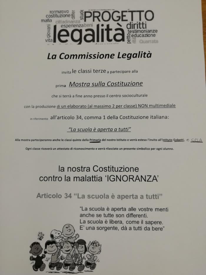 Si informa che la Commissione Legalità ha organizzato una mostra nella quale i ragazzi della classe quinta della Primaria,