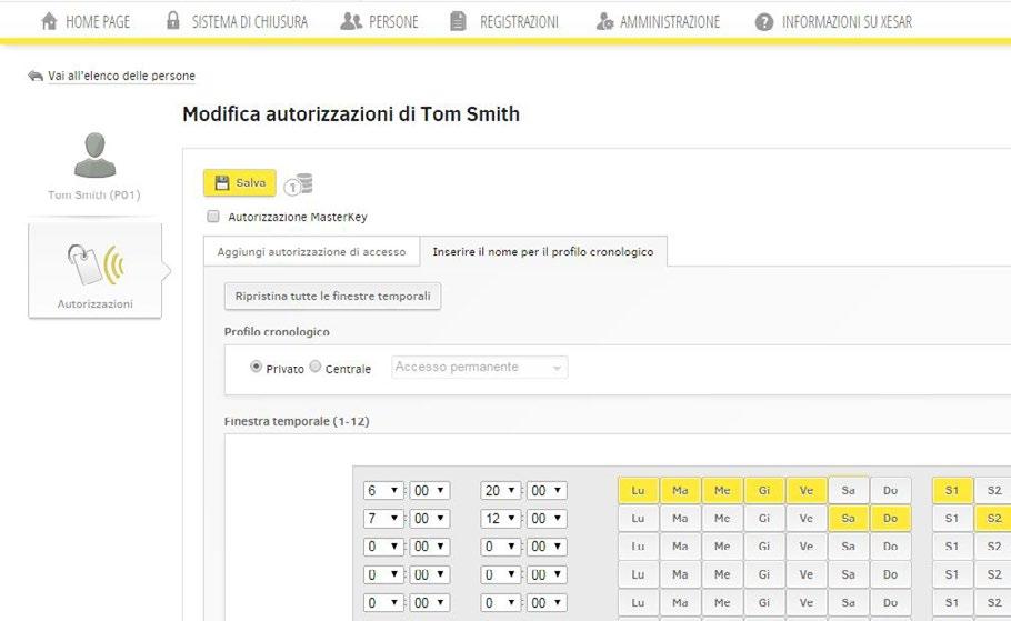 Modifica dei profili cronologici Un collaboratore riceve da subito le autorizzazioni di accesso per gli orari modificati Fare clic su Profili cronologici Selezionare il profilo cronologico Privato o