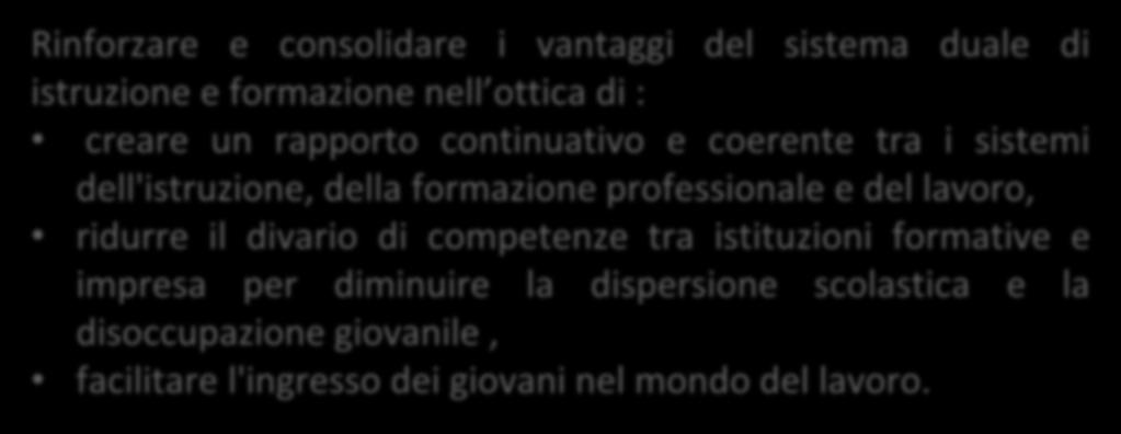 L OBIETTIVO Rinforzare e consolidare i vantaggi del sistema duale di istruzione e formazione nell ottica di : creare un rapporto continuativo e coerente tra i sistemi dell'istruzione, della