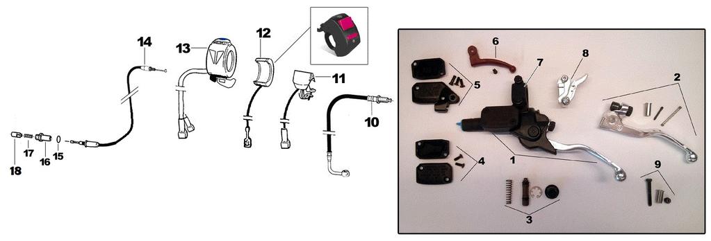 TAV. 04 - LEVA FRIZIONE 1 64240 1 POMPA FRIZIONE BREMBO Hydraulic Clutch pump 2 64241 - LEVA FRIZIONE BREMBO Clutch lever 3 64243 - KIT REVISIONE PISTONE Piston kit 4 64247 - COPERCHIO SUP Cap, top 5