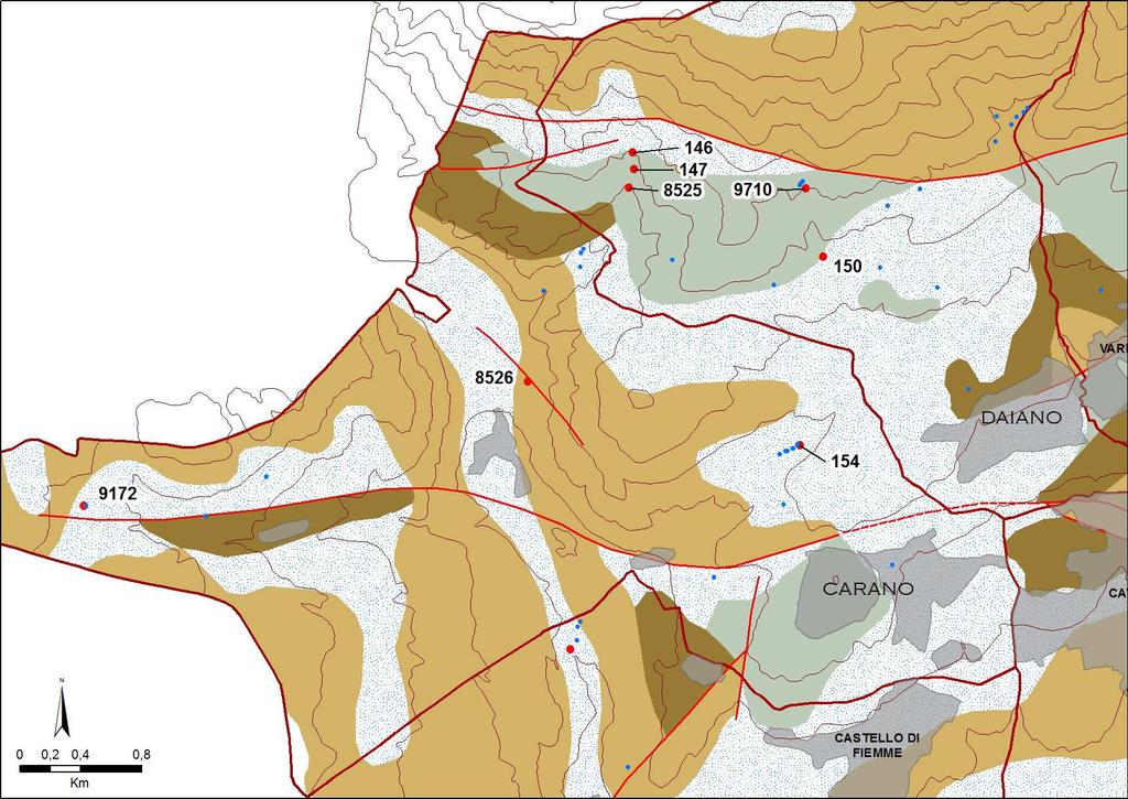 Figura 2 : mappa litologica e strutturale schematica con l ubicazione delle sorgenti selezionate ed analizzate (in rosso) con il relativo codice.