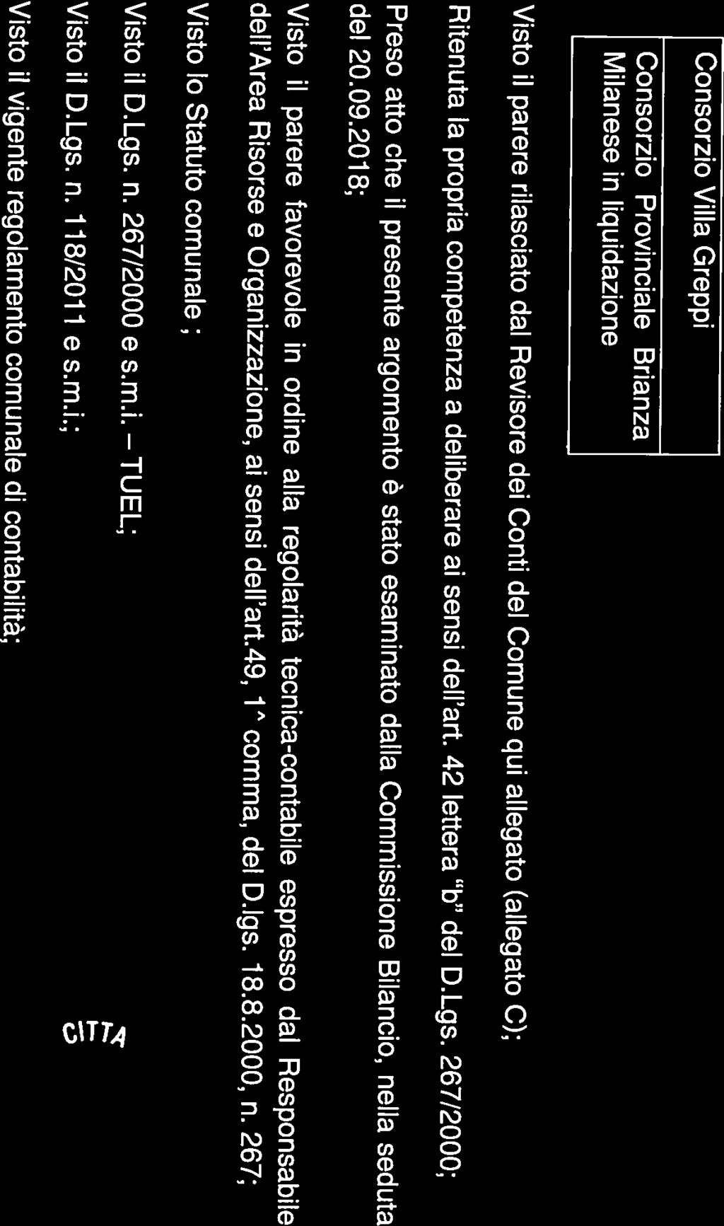 42 letter del D.Lgs. 267/2000; 267/2000, llegt l presente provvedimento qule prte integrnte ed essenzile (llegto C) dell Orgno di revisione predispost i sensi dell rt. 239, comm 1, letter d-is) del D.