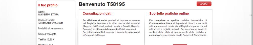 ACCEDENDO ALL'AREA CONSULTAZIONE DATI IL SISTEMA RIMANDA ALLA PAGINA INIZIALE DEL PORTALE DALLA QUALE SARA POSSIBILE GESTIRE IL CONTO PREPAGATO N.B. IL PORTALE REGISTROIMPRESE.