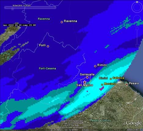 Mappa di cumulata di precipitazione oraria del 18/09/2010 relativa alle ore 23 UTC. Sono evidenziate le stazioni che hanno registrato i valori massimi di precipitazione.